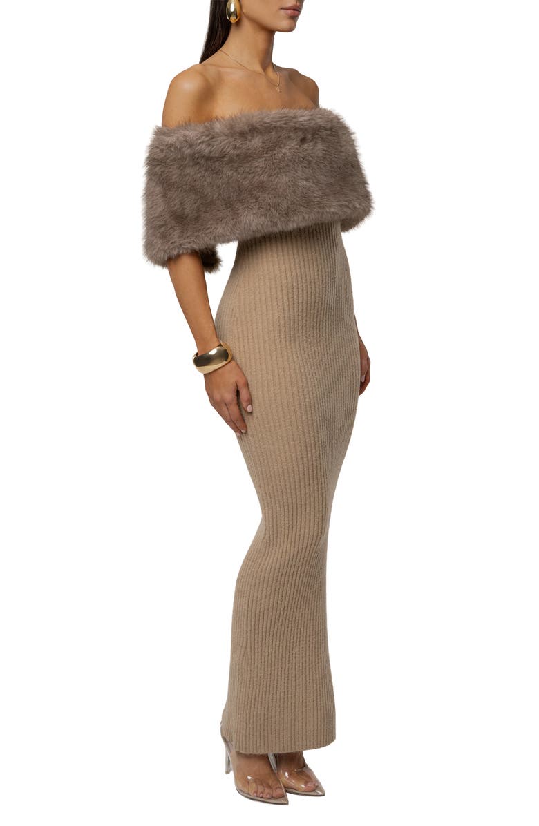 JLUXLABEL Aspen Hour Faux Fur Detail Off-the-Shoulder Rib Knit Dress, Alternate, color, Brown