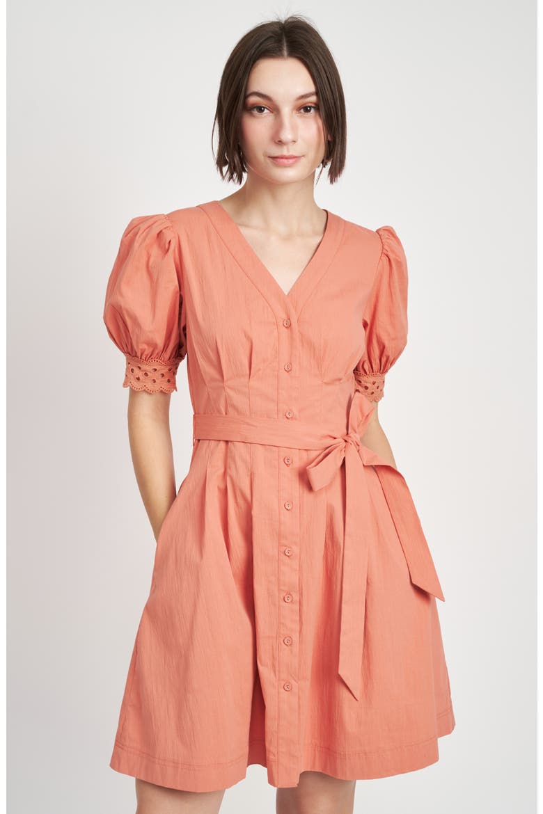 Deja Eyelet Detail Stretch Cotton Shirtdress, Alternate, color, TERRACOTTA