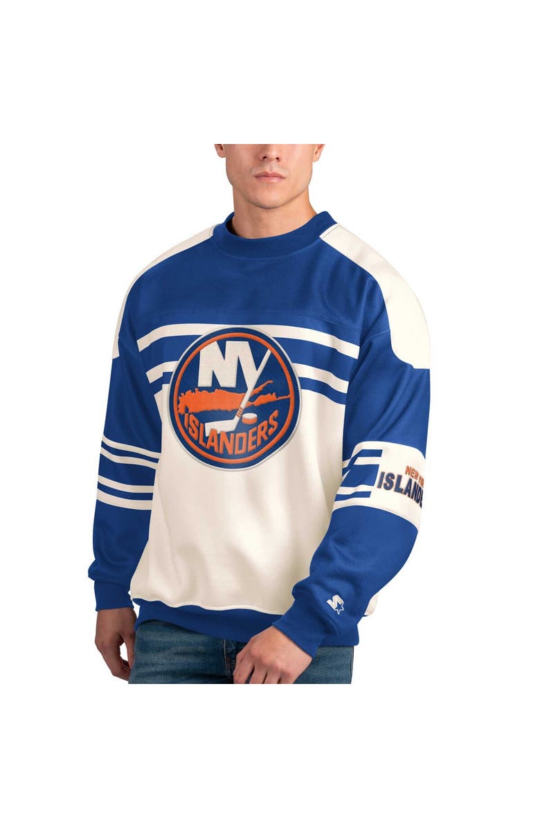 STARTER Men's Starter White New York Islanders Defense Fleece Crewneck Pullover Sweatshirt, Main, color, White