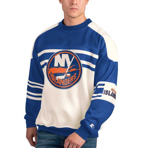Men's Starter White New York Islanders Defense Fleece Crewneck Pullover Sweatshirt