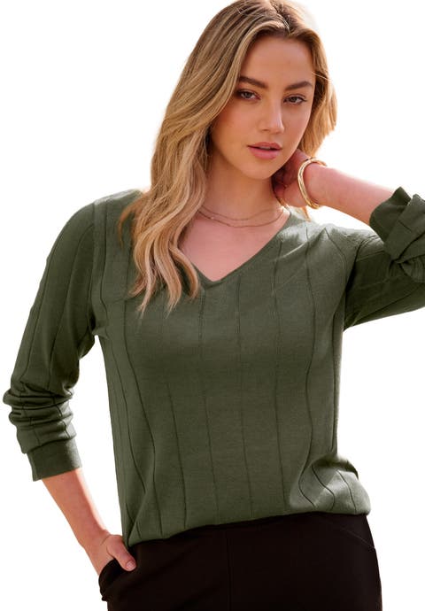 Plus Size Drop Needle V Neck Lightweight Sweater Knit