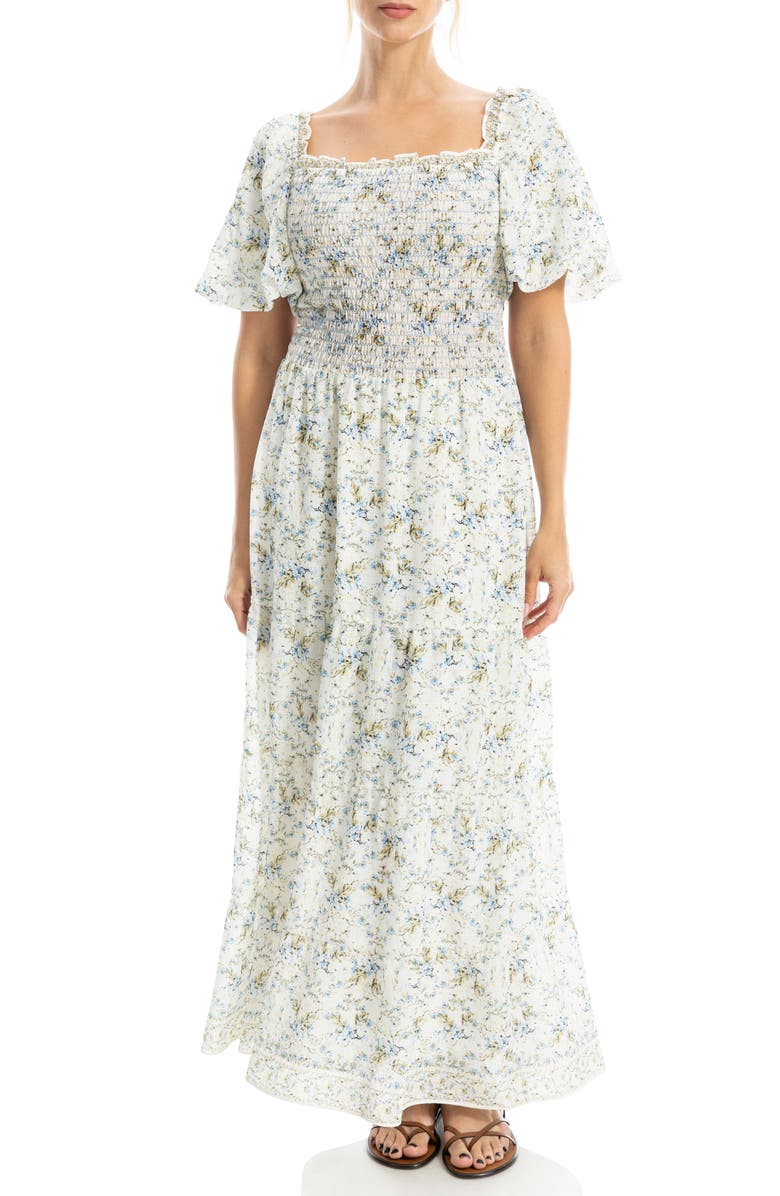 MAX STUDIO Print Smocked Puff Sleeve Maxi Dress, Alternate, color, Cream/ Blue Bloom Interlace