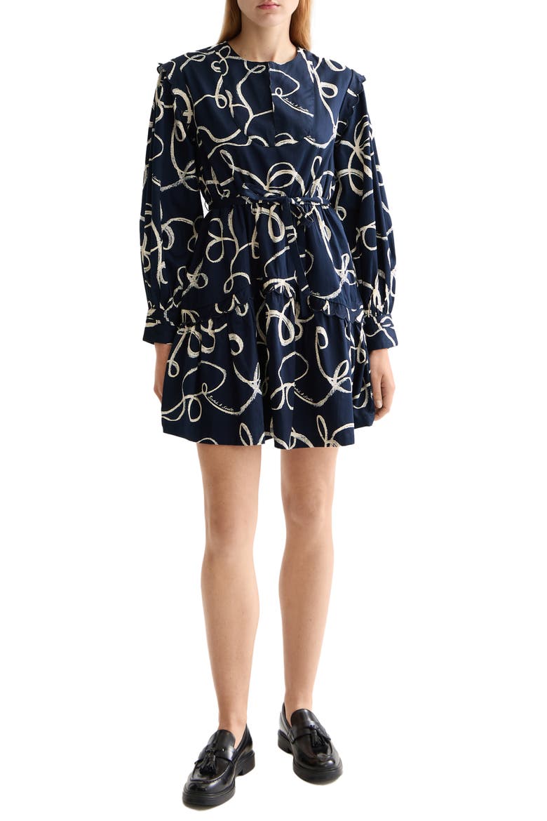 Scallop Trim Long Sleeve Cotton Minidress, Main, color, RIBBON NAVY AOP