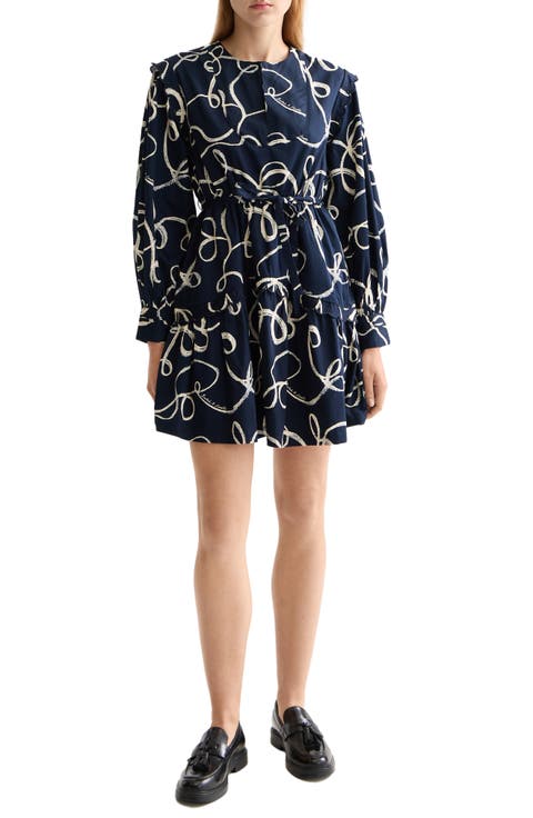 Scallop Trim Long Sleeve Cotton Minidress