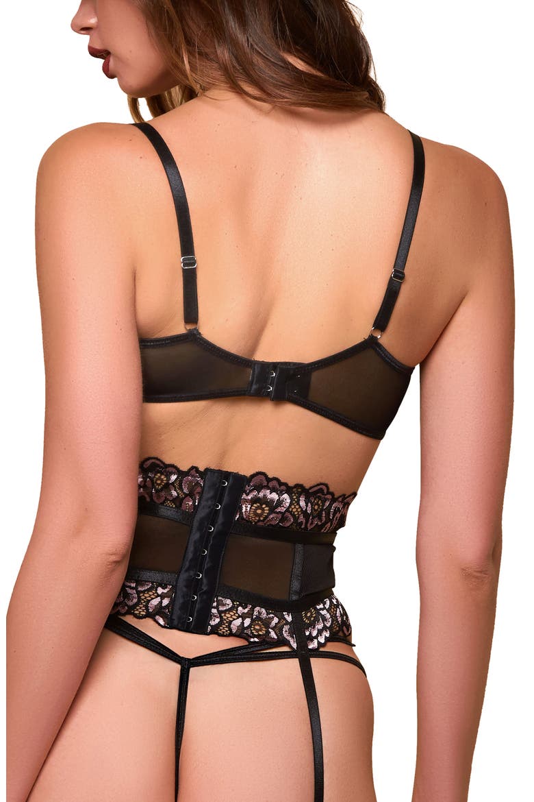 Floral Embroidered Mesh Bra, Thong & Garter Belt, Alternate, color, FUCHSIA-BLACK