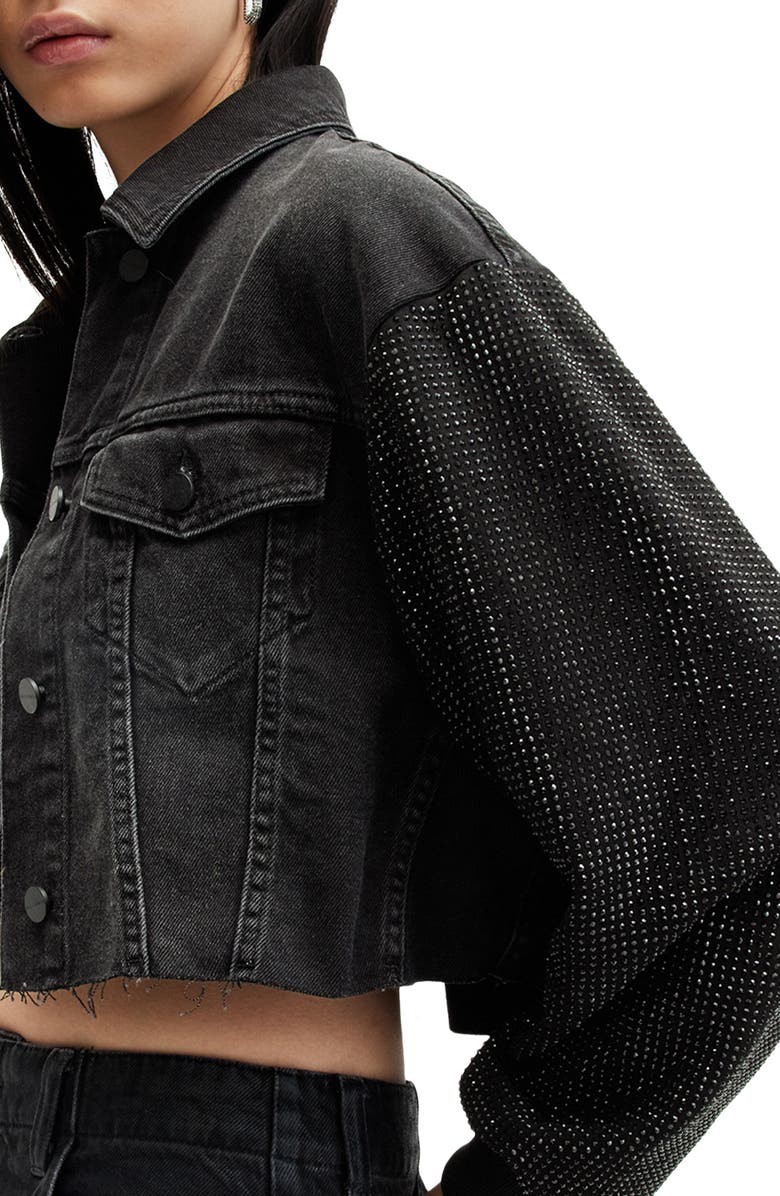 AllSaints Anders Beaded Sleeve Detail Denim Trucker Jacket, Alternate, color, 