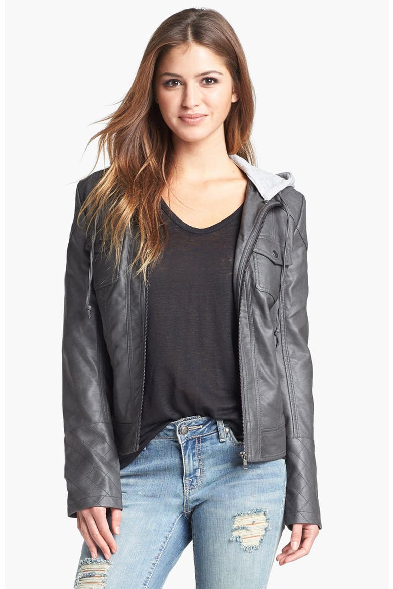 'Heathcliff' Hooded Faux Leather Jacket, Alternate, color, LIGHT GREY