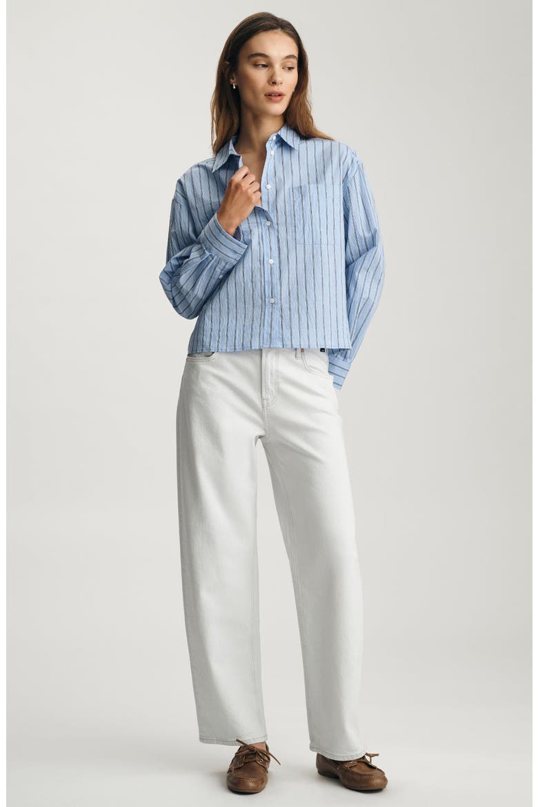 Stripe Long Sleeve Crop Cotton Blend Button-Up Shirt, Alternate, color, BLUE STRIPED