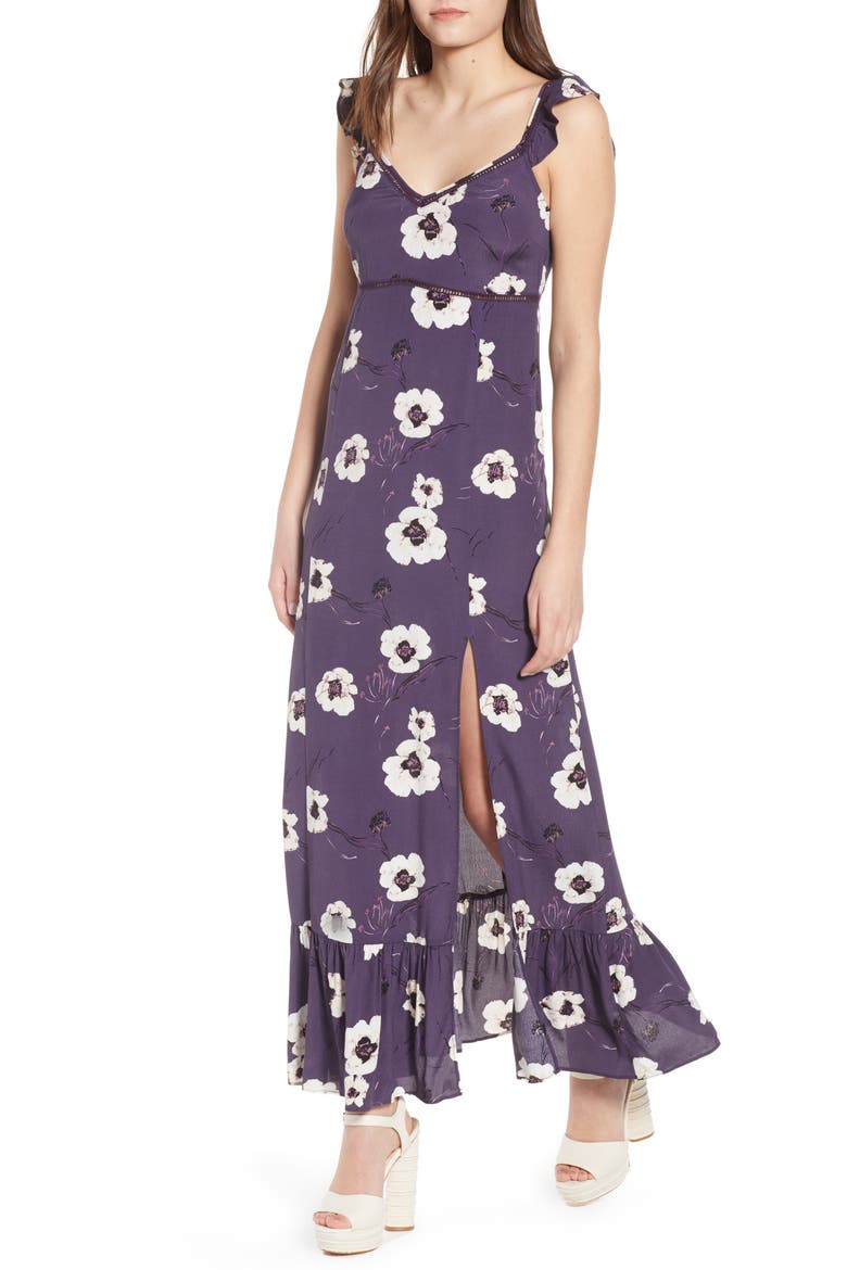 Ruffle Maxi Dress, Main, color, PURPLE NIGHT PAINTERLY FLORAL