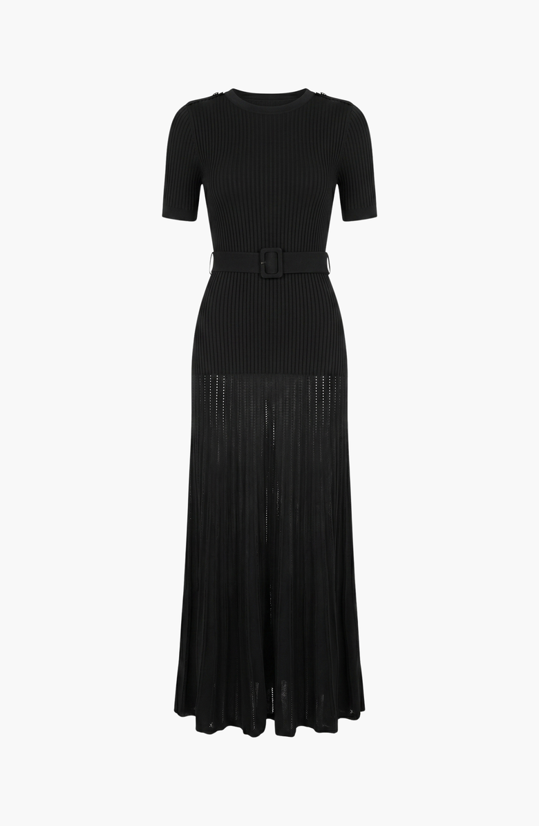 Modenaire Ribbed Knit Belted Waist Pleated Midi Dress, Alternate, color, Black