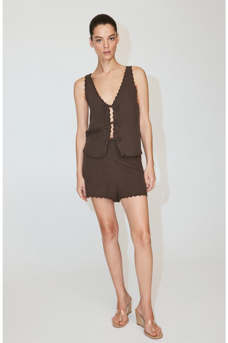 Scalloped Double Gauze Tie Front Top, Alternate, color, CHOCOLATE