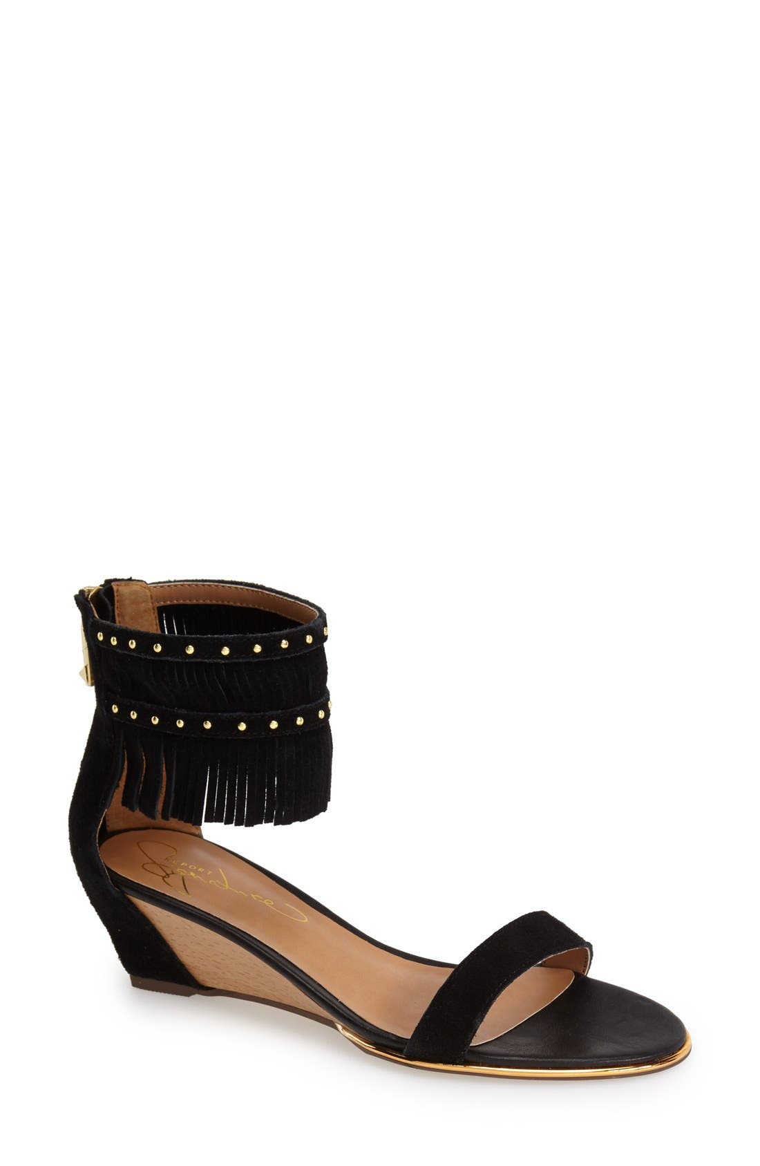 Signature 'Gizmo' Fringe Wedge Sandal, Main, color, BLACK
