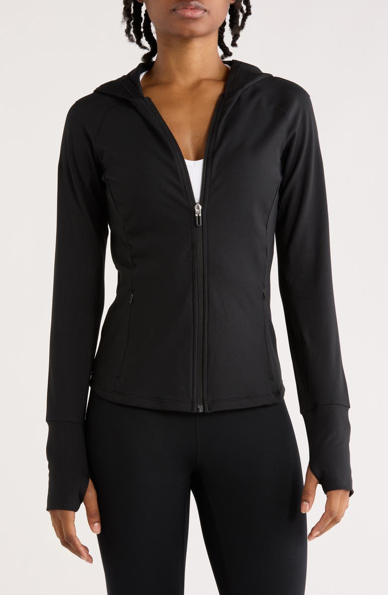 90 DEGREE BY REFLEX Felix Lux Ribbed Solara Full Zip Hoodie, Main, color, Black