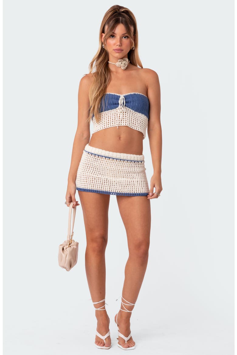 Cabana Contrast Crochet Cover-Up Miniskirt, Alternate, color, BLUE-AND-CREAM