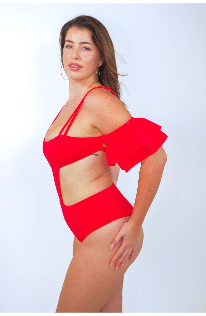 Mary Mercedes Rafa One Piece Swimsuit With Ruffle Sleeve, Alternate, color, Red