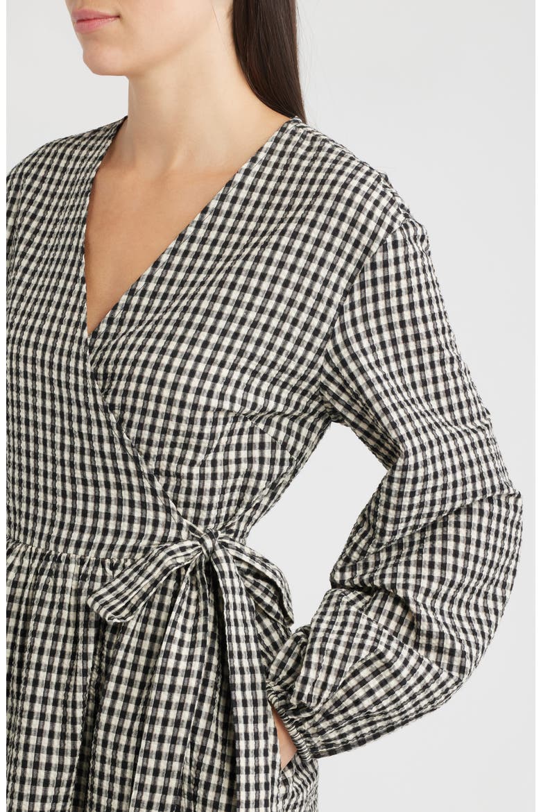 Anemone Gingham Long Sleeve Seersucker Wrap Dress, Alternate, color, NOIR