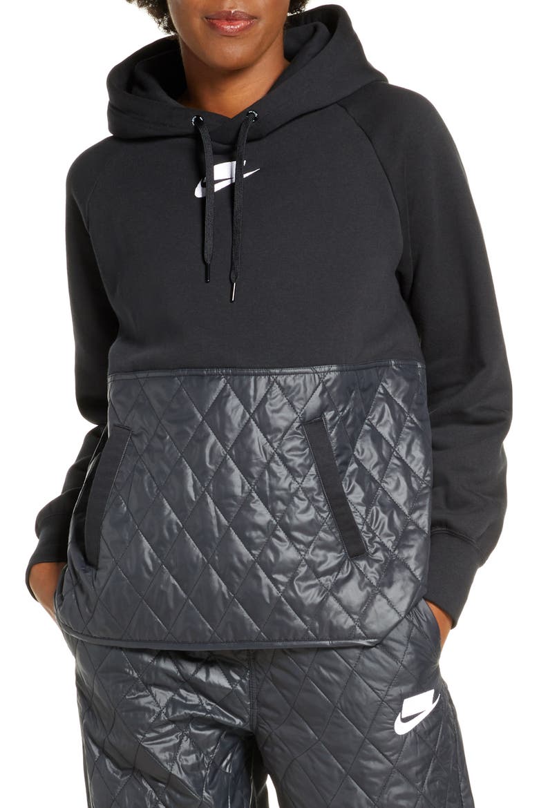 Sportswear Logo Mixed Media Quilted Hoodie, Main, color, BLACK/ BLACK/ BLACK/ WHITE