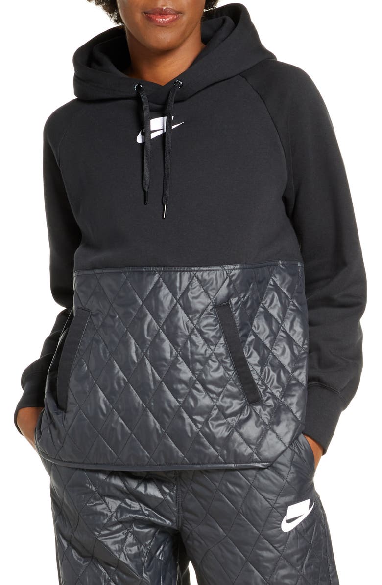 Nike Sportswear Logo Mixed Media Quilted Hoodie, Main, color,