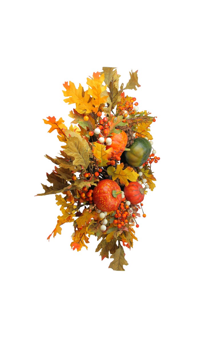 Northlight Fallen Leaves with Pine Cones and Pumpkins Artificial Thanksgiving Wreath, Orange 24-Inch, Alternate, color, Orange