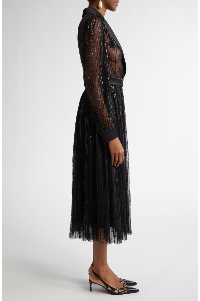 Sequin Sheer Long Sleeve Blazer Midi Dress, Alternate, color, N0000 NERO
