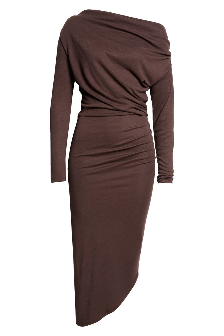 Fleur One-Shoulder Long Sleeve Asymmetric Dress, Alternate, color, BROWN
