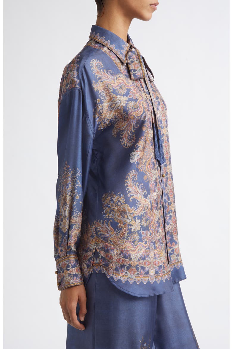 Valiant Paisley Print Tie Neck Silk Button-Up Shirt, Alternate, color, NAVY PAISLEY