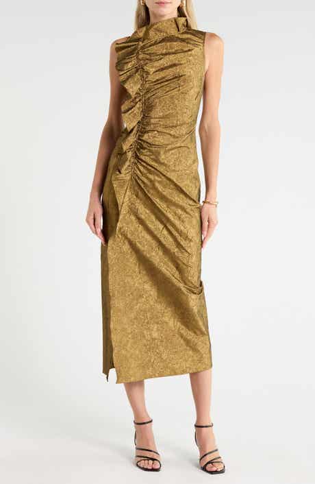 Demetria Ruched Sleeveless Midi Dress