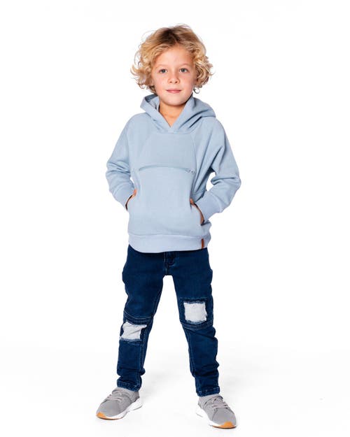 Deux Par Deux Pullover Hooded Fleece Sweatshirt With Zip Pocket In Blue