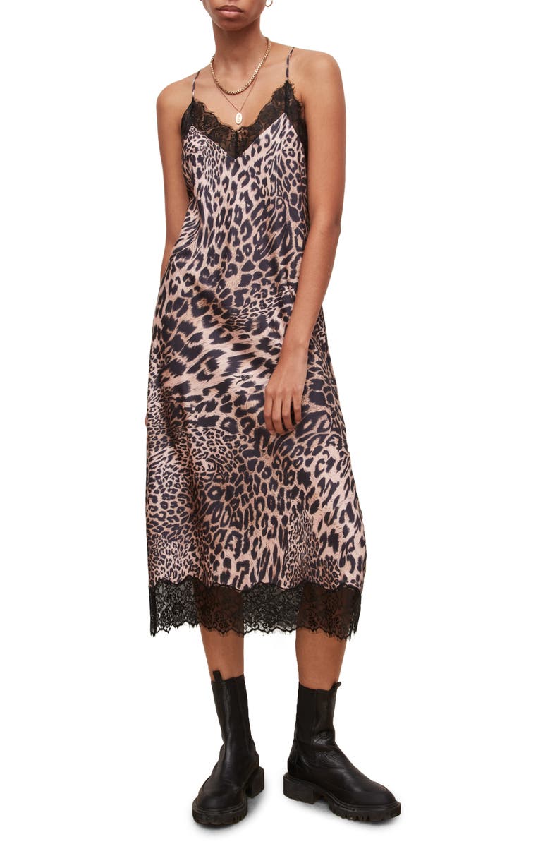 AllSaints Tigi Kiku Leopard Print Midi Slipdress, Main, color, 