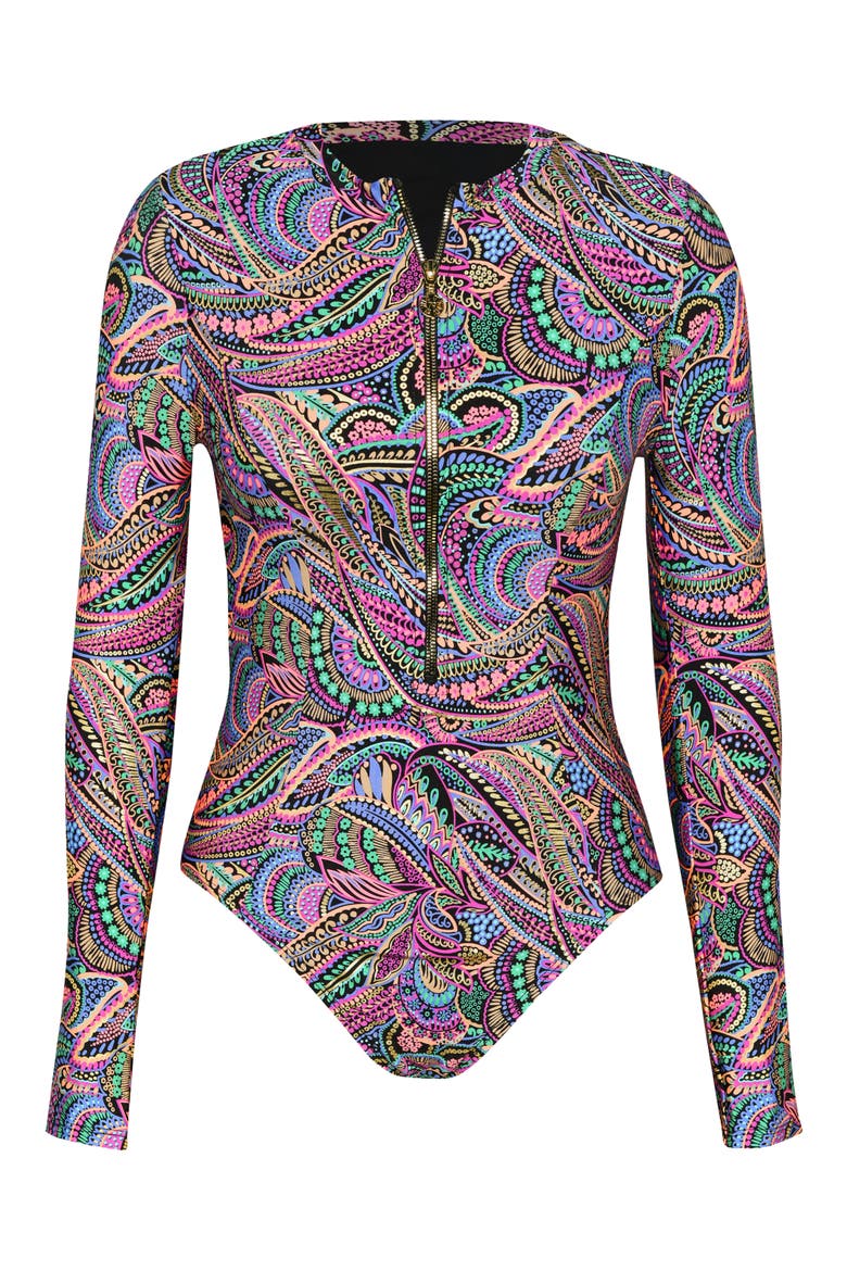 Disco Long Sleeve One-Piece Rashguard Swimsuit, Alternate, color, PURPLE MULTI