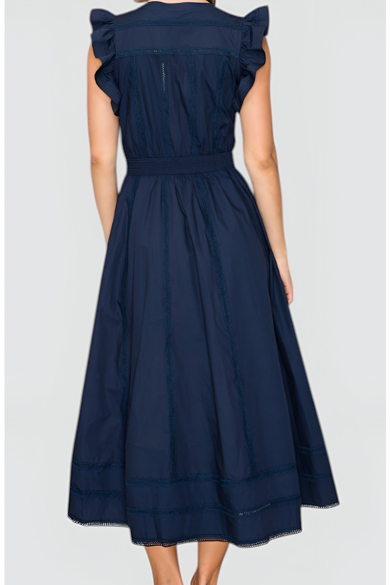 Flutter Sleeve Midi Dress with Deep V-Neckline and Tiered Skirt, Alternate, color, Navy Blue