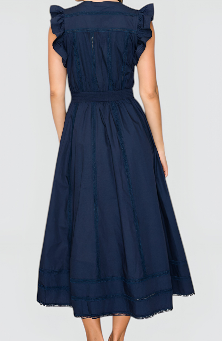 Modenaire Flutter Sleeve Midi Dress with Deep V-Neckline and Tiered Skirt, Alternate, color, Navy Blue