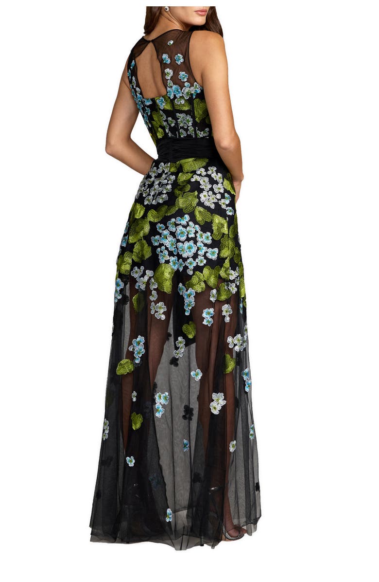 Mac Duggal Sleeveless Mesh Applique Gown With Bow Belt, Alternate, color, Blue Multi