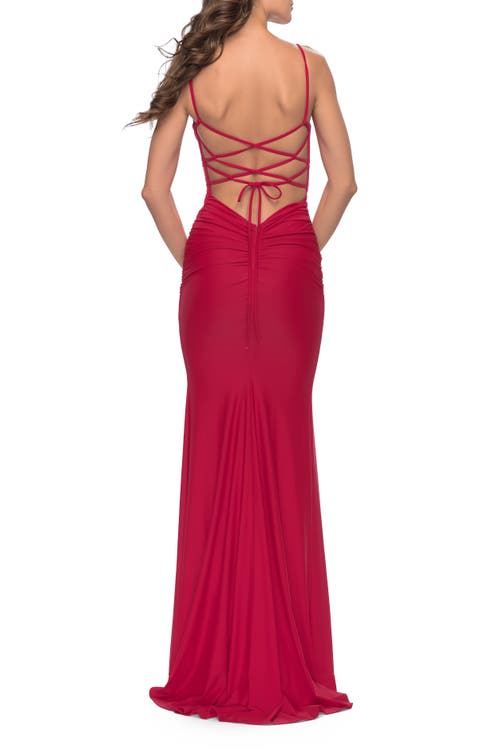 La Femme Modern Jersey Dress With Twist Band Details In Red