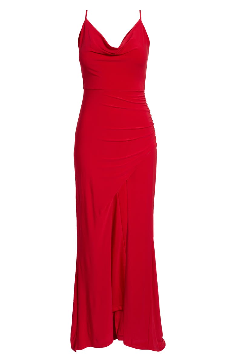 Jump Apparel Cowl Neck Ruched Back Gown, Alternate, color, Red