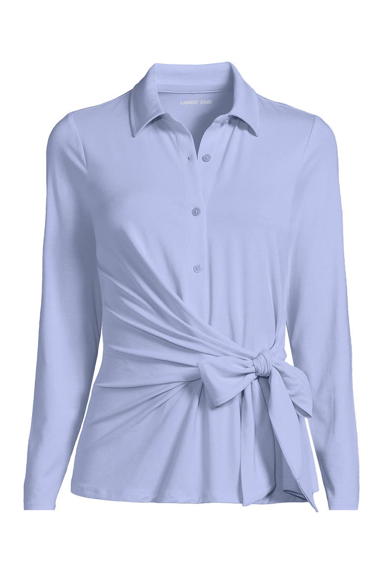 Plus Size Long Sleeve Lightweight Jersey Adjustable Tie Collar Top, Alternate, color, Clearlake Blue