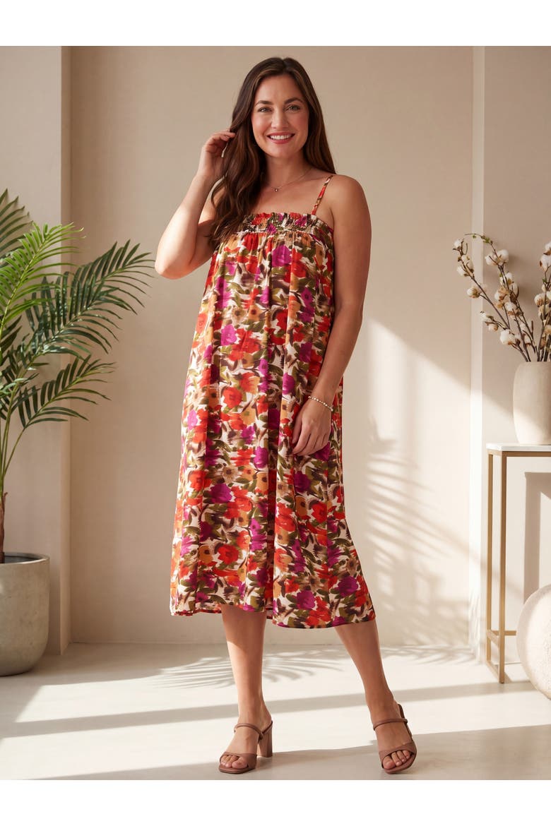 Womens Essential Abstract Print Spaghetti Strap Smocked Pocket A-Line Maxi Dress, Alternate, color, Red Multi