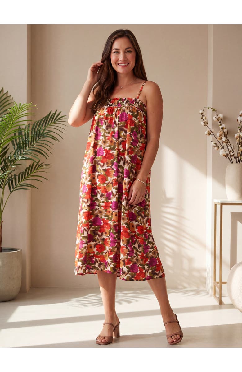 24seven Comfort Apparel Womens Essential Abstract Print Spaghetti Strap Smocked Pocket A-Line Maxi Dress, Alternate, color, Red Multi
