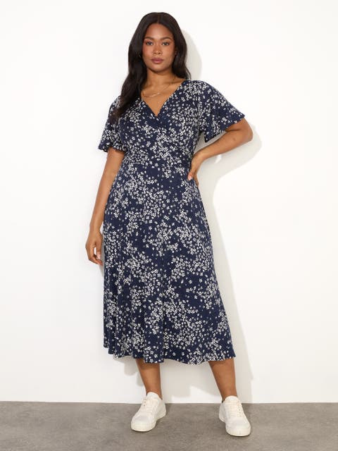 Ditsy Jersey Flutter Sleeve Wrap Dress