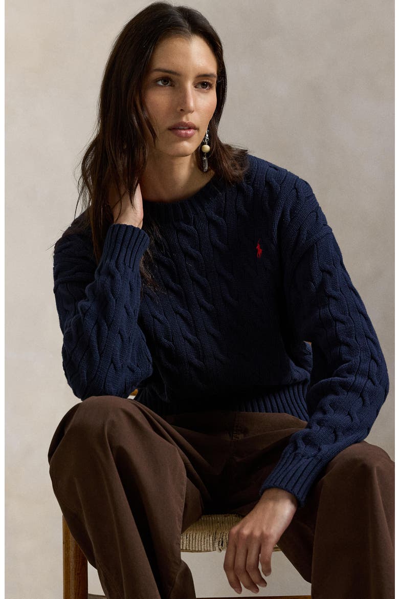 Cable Knit Crewneck Sweater, Alternate, color, HUNTER NAVY