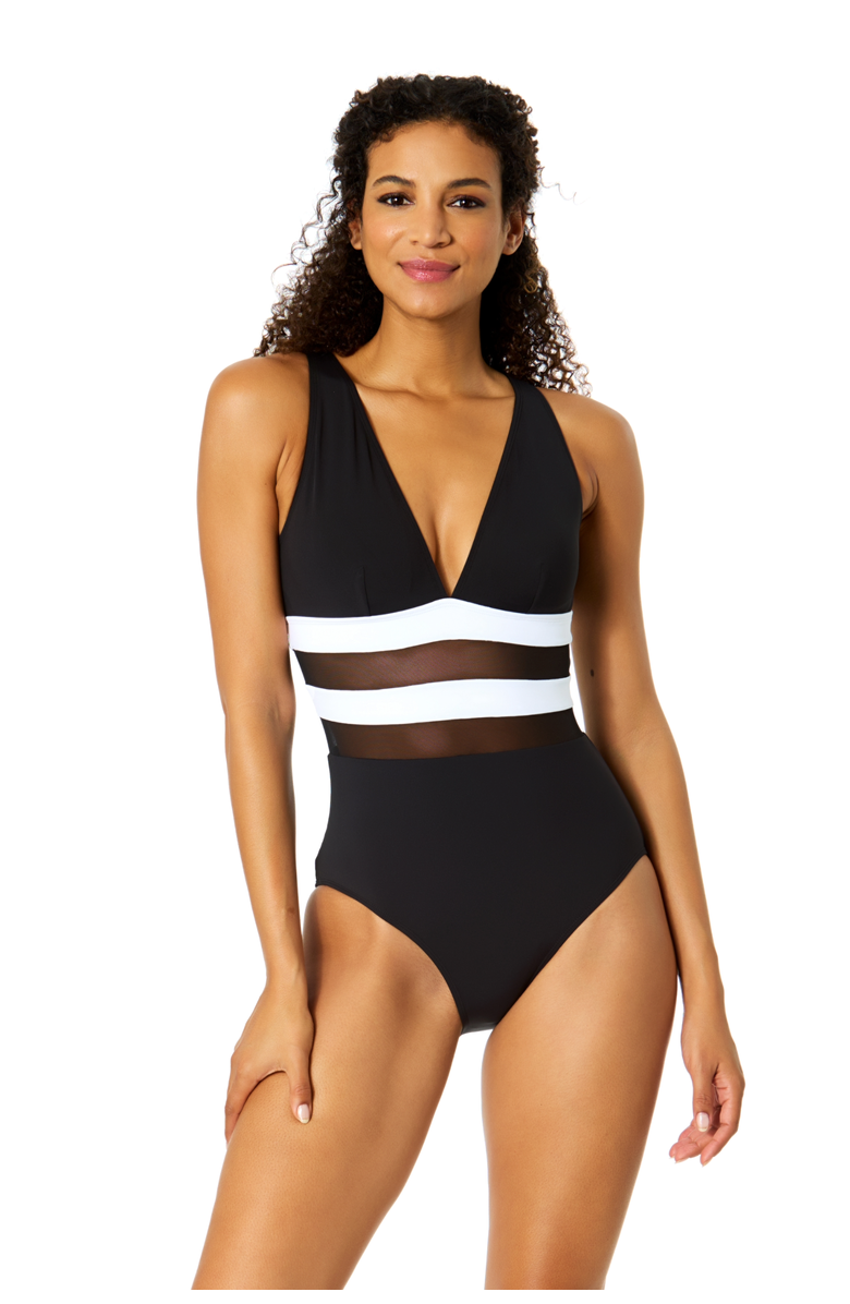 Anne Cole Women
s Gabor Mesh Plunge Front Colorblock Mesh One Piece Swimsuit, Main, color, Gabor Mesh