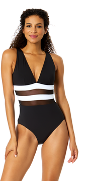 Anne Cole Women's Gabor Mesh Plunge Front Colorblock Mesh One Piece Swimsuit