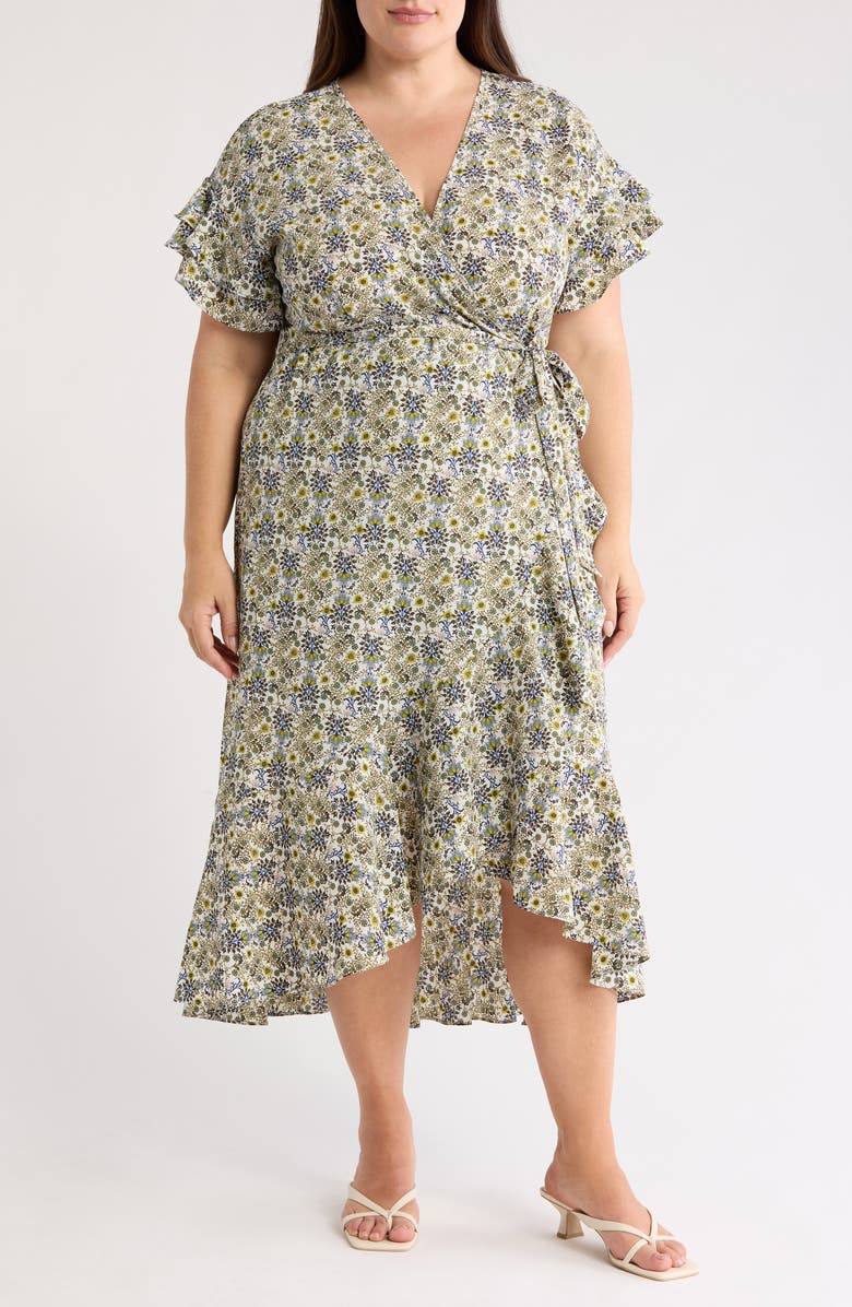 MAX STUDIO Short Sleeve Wrapped Midi Dress, Main, color, Birch/ Green/ Blue Folk Flower