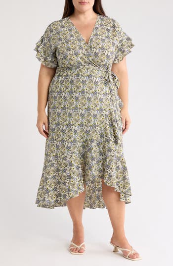 Max Studio Short Sleeve Wrapped Midi Dress In Green