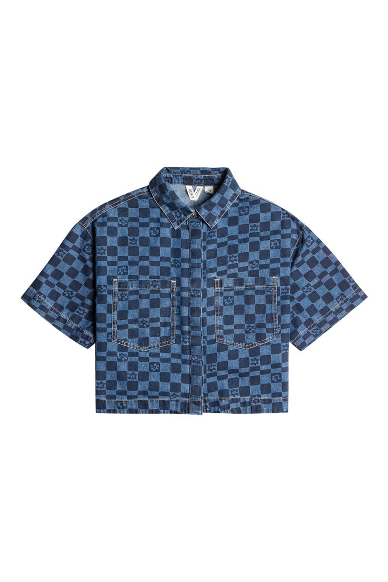 Blue Wave Print Cotton Denim Crop Shirt, Alternate, color, MOOD INDIGO SOL POWE
