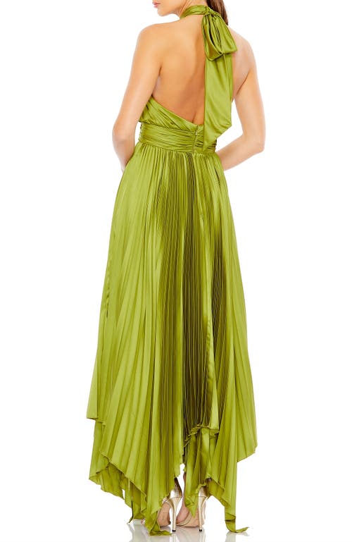 Mac Duggal Pleated Satin Halter Gown In Apple Green