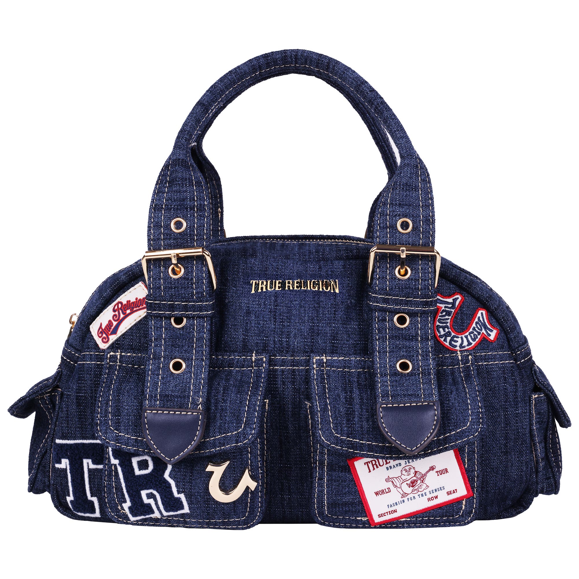 True Religion Multi-Patch Satchel, Main, color, Dark Denim
