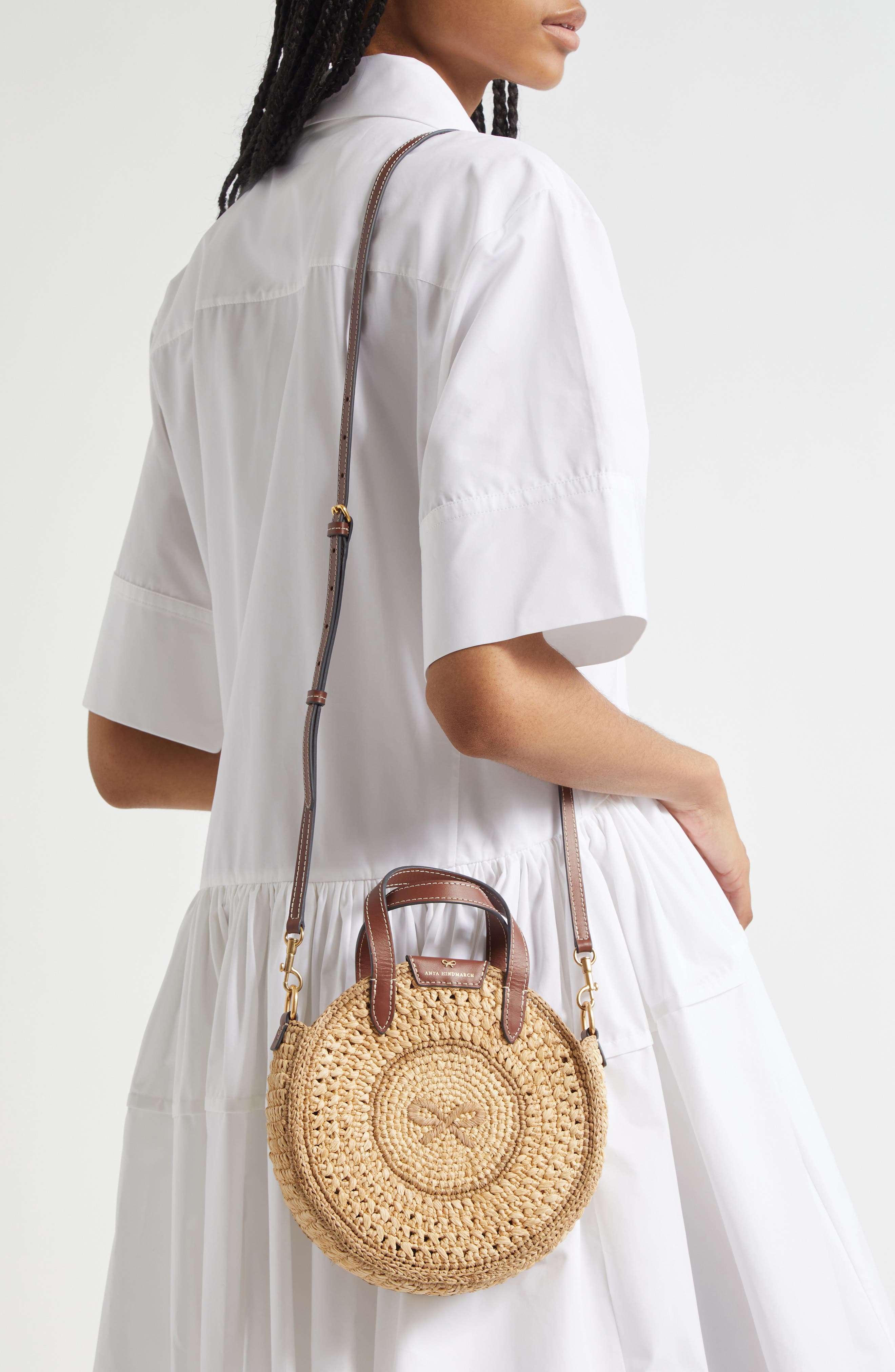 Anya Hindmarch Small Bow Round Raffia Tote, Alternate, color, 