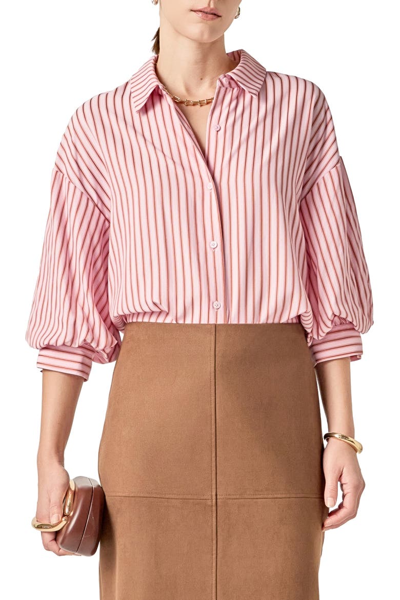 Stripe Balloon Sleeve Button-Up Shirt, Main, color, PINK/ TAN