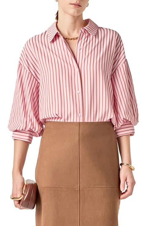 Stripe Balloon Sleeve Button-Up Shirt
